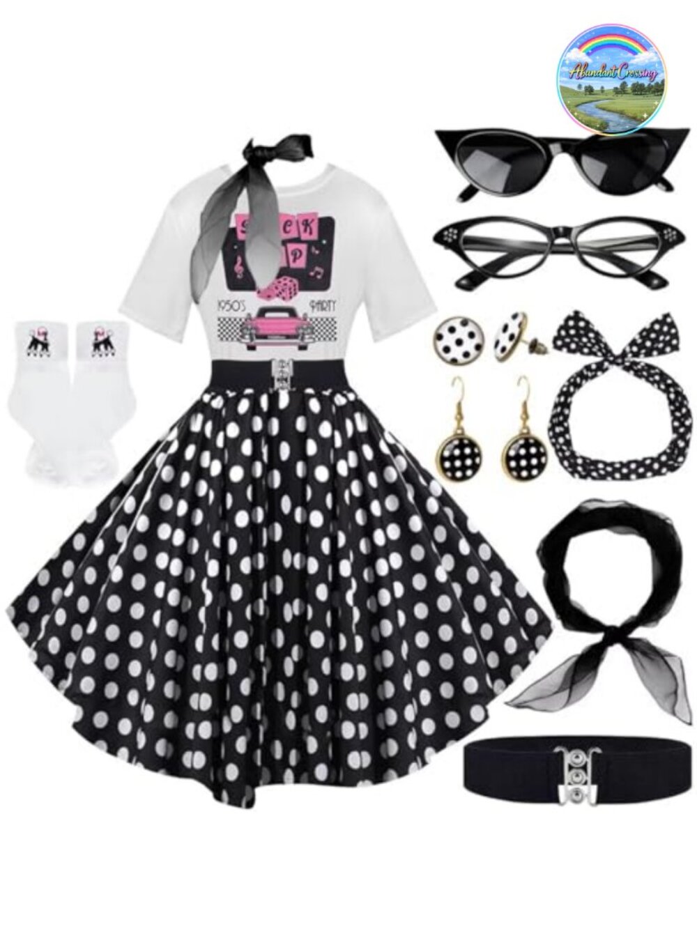 1950s Sock Hop Outfit Poodle Skirt T-Shirt 10-Piece Costume Accessories Set